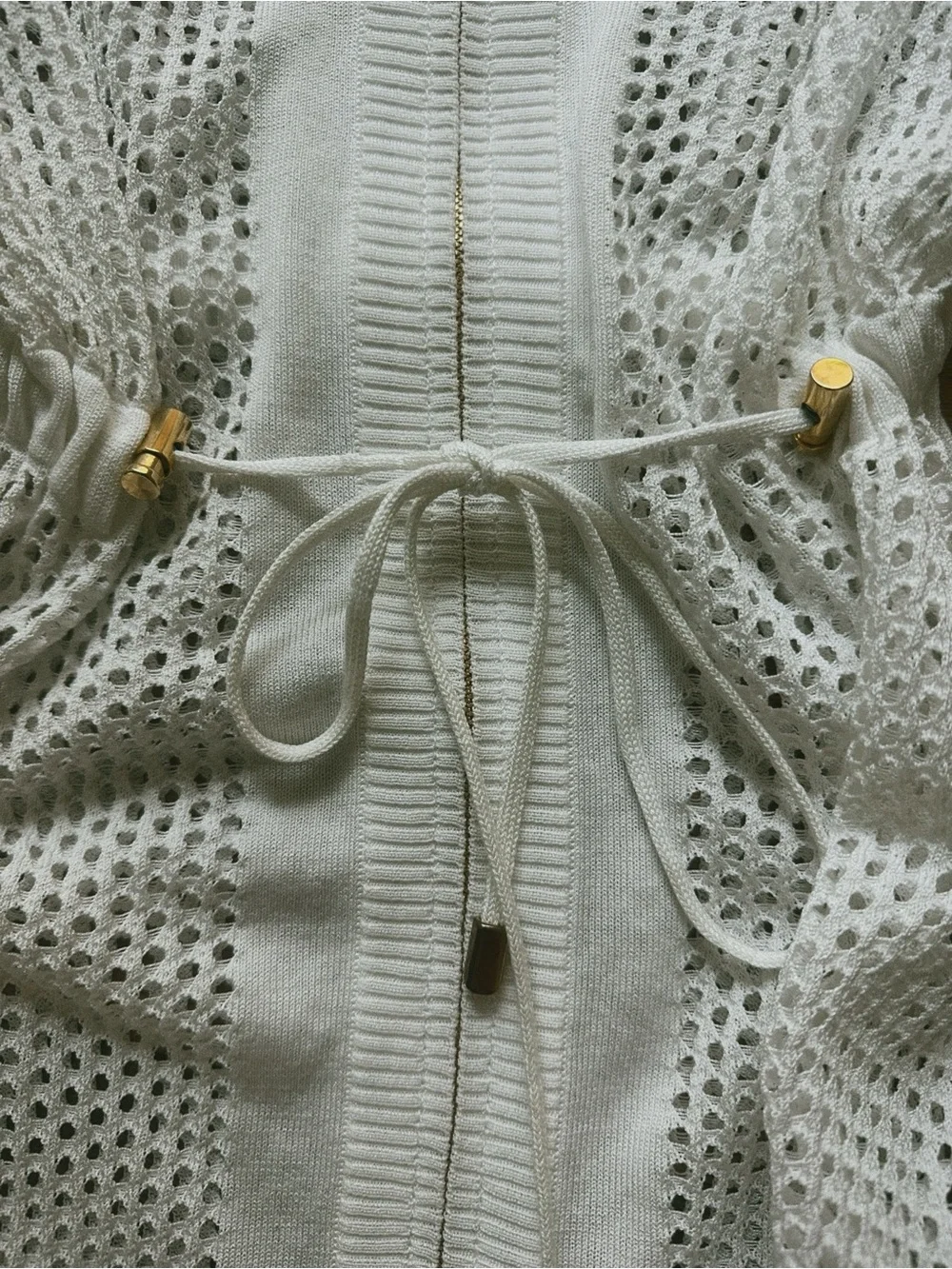 Escada White Open-Knit Zip Front Swim Coverup with Drawstring - Picture 3 of 7